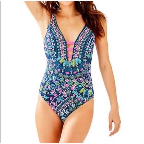 Lilly Pulitzer Inky Navy Glow & Flow Jaspen One Piece Swimsuit Size 14